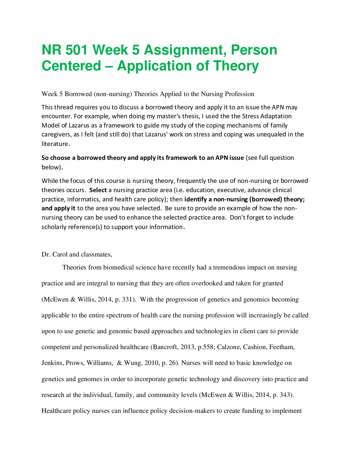 Preview of NR 501 Week 5 Assignment, Person Centered – Application of Theory